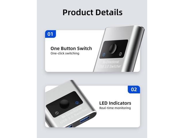 USB 3.0 Switch Selector, Bi-Directional USB Switch 2 in 1 Out / 1 in 2 Out, Aluminum USB Switcher 2 Computers Share 1 Device for Printer, Keyboard,...