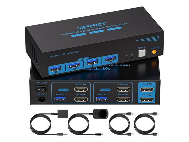 HDMI KVM Switch Dual Monitor 2 Port 4K@60Hz 2 Monitors 2 Computers USB 3.0 KVM Switcher PC Extended Display for 4 USB Devices Like Mouse Keyboard...