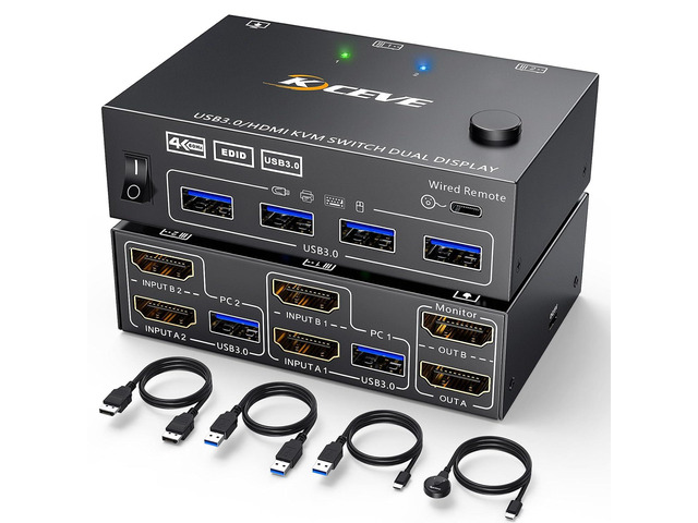 KVM Switch 2 Computers 2 Monitors, KCEVE Dual Monitor HDMI KVM Switcher USB 3.0 