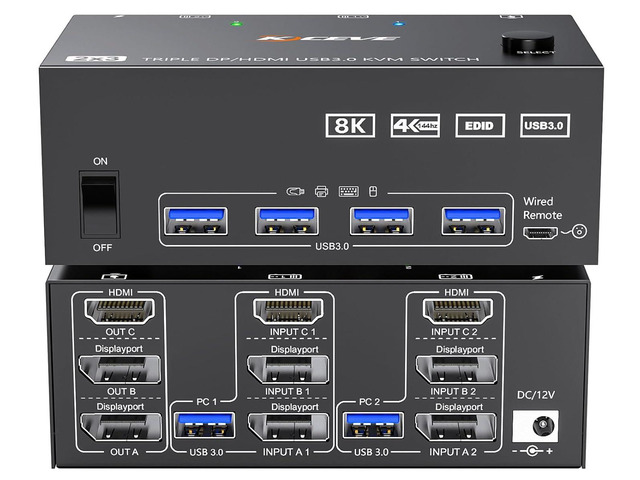 KVM Switch 3 Monitors 2 Computers 8K@60Hz 4K@144Hz, 2 Displayport + HDMI USB3.0 