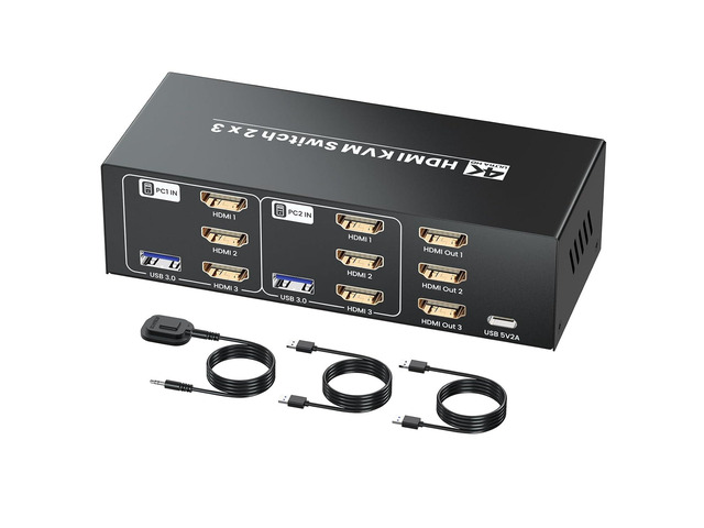 4K/60Hz HDMI KVM Switch 2 Computers 3 Monitors, 2 Port HDMI KVM Switcher 2 in 3 Out for 2 PC Share 3 Monitors and 4 USB 3.0 Ports, Support Copy...
