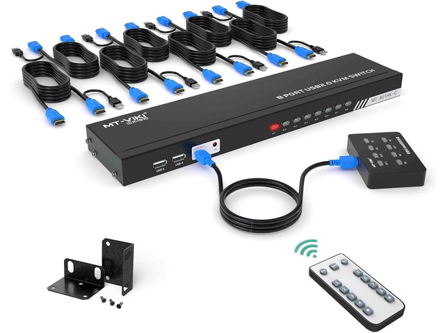 MT-VIKI 8 Port KVM Switch HDMI, 4K@30Hz 1U Rack Mount KVM HDMI Switch w/IR Remote & Wire-desktop Controller & 8 HDMI KVM Cables & Rack Ears