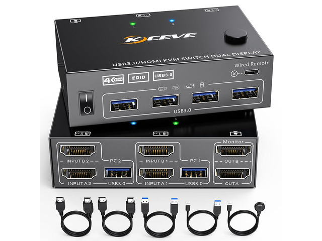 KVM Switch for 2 Computers 2 Monitors, NAWEN USB 3.0 HDMI Dual Monitor KVM Switc