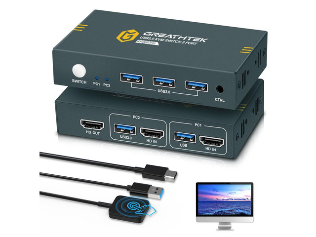 USB3.0 HDMI KVM Switch 2 Computers 1 Monitor,2 Port Monitor Switch with 3 USB3.0 Port for 2 PC Sharing Keyboard & Mouse, 4K@60HZ,EDID Adaptive