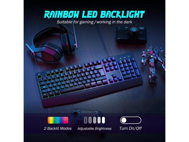 Gaming Keyboard, 7-Color Rainbow LED Backlit, 104 Keys Quiet Light Up Keyboard, Wrist Rest, Whisper Silent, Anti-ghosting Multimedia Keys,...