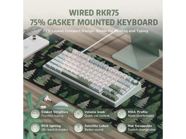 RK ROYAL KLUDGE R75 Mechanical Keyboard Wired with Volume Knob, 75% Custom Gaming Keyboard Gasket Mount RGB Backlit with Software, MDA Profile, PBT...