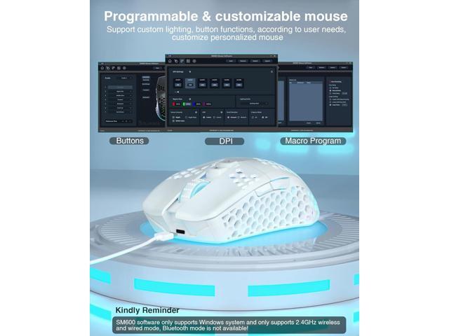 SM600 White Wireless Gaming Mouse,8000 DPI Tri-Modes BT5.1/Type-C Wired/2.4G Wireless Mouse with 2 Side Buttons, Programmable Macro Gamer Mouse...