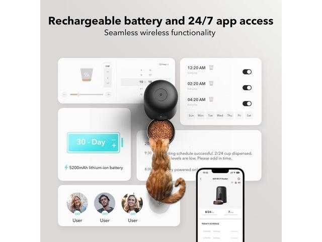 Automatic Cat Feeder, Wi-Fi Rechargeable Cat Food Dispenser Battery-Operated with 30-Day Life, AIR 2.4G Wi-Fi Timed Pet Feeder for Cat & Dog, 2L...