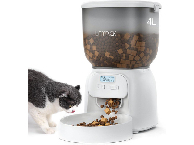 Automatic Cat Feeder, 4L Detachable Cat Food Dispenser for Dry Food Up to 15 Portions(8g/portion) 6 Meals Per Day, Dual Power Supply Timed Cat Feeders