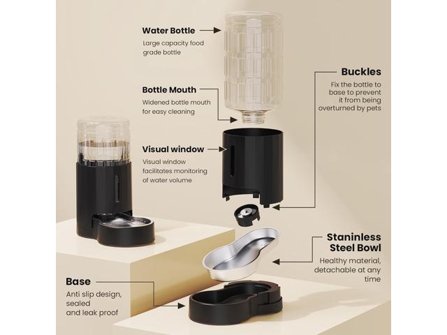 4L Cat Water Dispenser, Automatic Gravity Cat Water Bowl, Visible Window, Safe and Unplugged for Pet Cat Dog (Black, 4L+Stainless Steel Bowl)