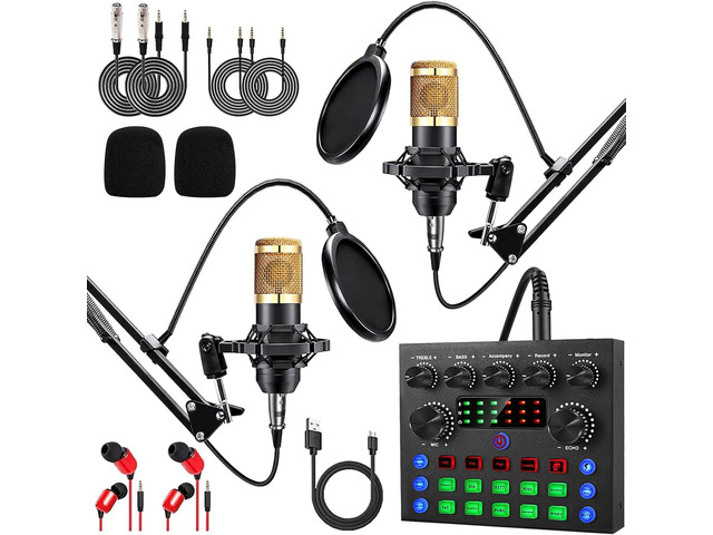Podcast Equipment Bundle for 2, Audio Interface with Cardioid Designer BM800 Mic