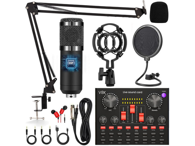 Podcast Equipment Bundle, Audio Interface with Cardioid Designer BM800 Mic for Gamer and All-in-One DJ Mixer, Perfect for Live Streaming, Singing,...
