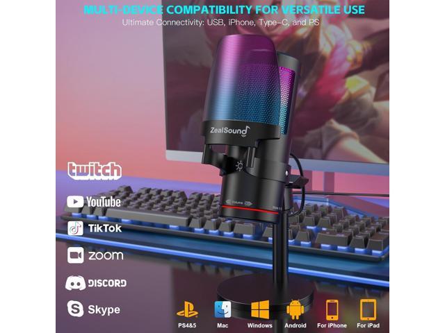 ZealSound Gaming USB Microphone,Noise Cancellation Condenser mic with RGB Light,Touch Mute,Gain,Monitoring for Streaming, Podcast, Twitch, YouTube,...