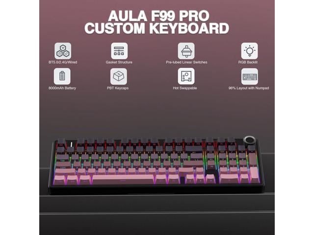 AULA F99 Pro Wireless Mechanical Keyboard with Knob,Tri-Mode BT5.0/USB-C/2.4GHz Hot Swappable Keyboard,Pre-lubed Switches,Gasket Structure,RGB...