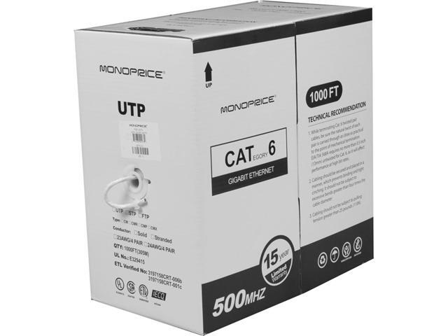 Monoprice Cat6 Ethernet Bulk Cable - 1000 Feet - White Network Internet Cord - Stranded, 550Mhz, UTP, Pure Bare Copper Wire, 24AWG