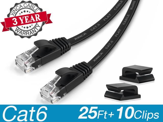 XINCA Cat6 Ethernet Cable Lnternet Network Gigabit Flat Patch Cord Lan 25ft Black With 10pcs Cable Clips Snagless Rj45 Connectors For Computer...