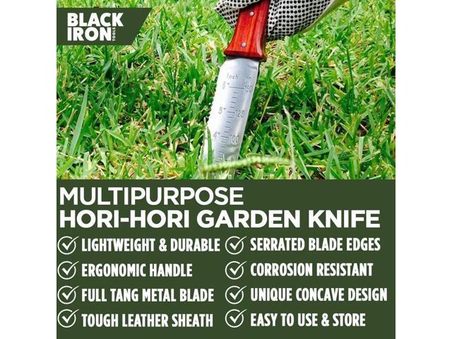 Black Iron Hori Hori Garden Knife [7 Inches, Japanese Stainless Steel] Durable Gardening Tool for Weeding, Digging, Cutting & Planting with Leather...