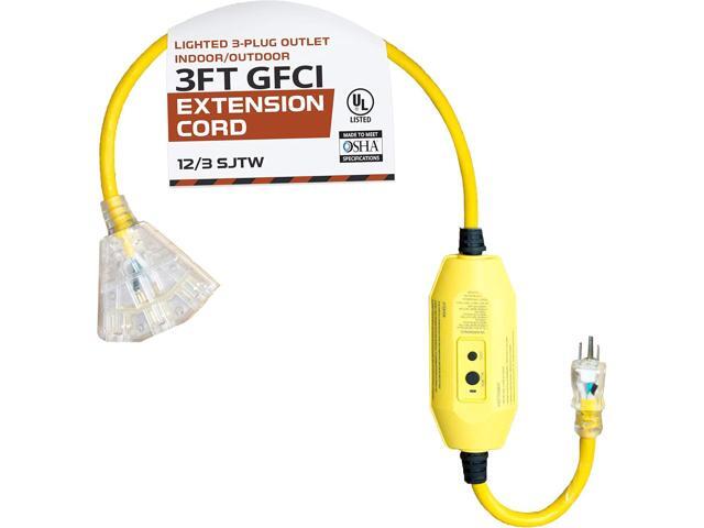 IRON FORGE CABLE 3 Foot Lighted Outdoor GFCI Extension Cord with 3 Electrical Power Outlets - 12/3 SJTW Heavy Duty Yellow Pigtail Extension Cable...