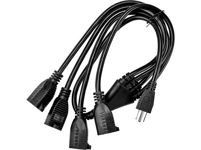 4 Way Power Splitter - 1 to 4 Cable Strip With 3 Pronged Outlet and 3 Foot Y Style Extension Cord - Black - SJT 16 AWG.