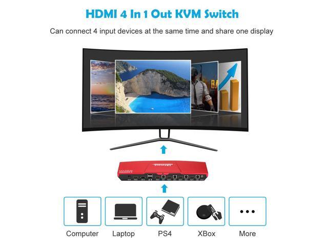 HDMI 4K Ultra HD 4x1 HDMI KVM Switch 3840x2160@60Hz 4:4:4 with 2 Pcs 5ft KVM Cables Supports USB 2.0 Device Control up to 4 Computers/Servers/DVR