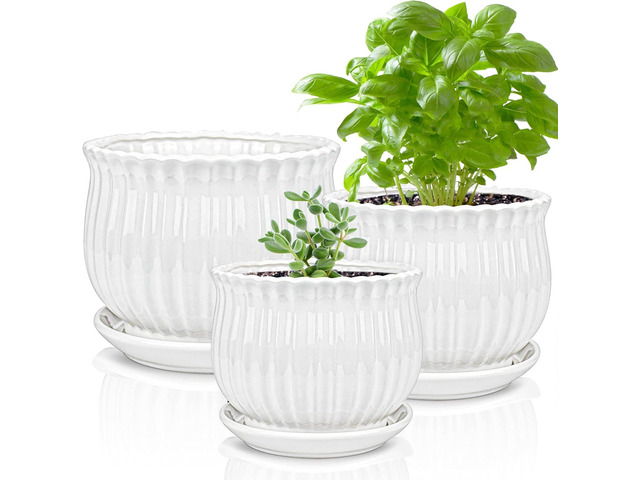 Yesland Ceramic Flower Plant Pots with Saucer, Set of 3 in Different Sizes, Modern Round Ceramic Succulent Planter Pots with White Stripe Texture...