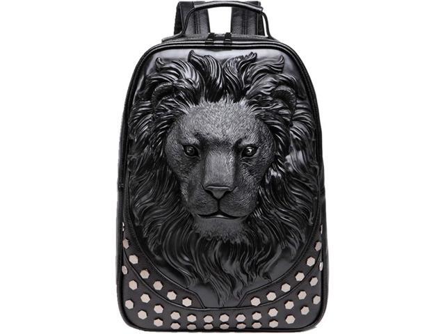 3D Lion Leather Laptop Backpack Black Large 19.7*11.8*5.1 Inch, Unique Designer Fashion, Travel, Rivet Punk