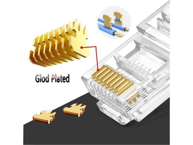 RJ45 Cat6 Cat5e Pass Through Connectors 100 Packs Gold Plated 3 Prong 8P8C Modular Ethernet UTP Network Cable Plug for Unshielded Twisted Pair...