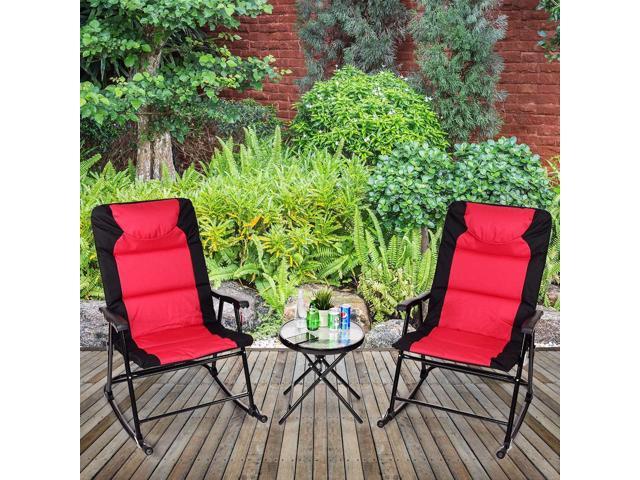 Giantex 3 PCS Folding Bistro Set Outdoor Patio Rocking Chairs Round Table Set 2 Rocking Chairs w/Glass Coffee Table for Yard, Patio, Deck, Backyard...