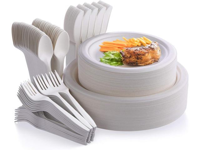 Fuyit 250Pcs Compostable Paper Plates with Cutlery Set, Disposable Biodegradable LONG Utensil Eco-Friendly Dinnerware Includes Plates, Fork, Knife.