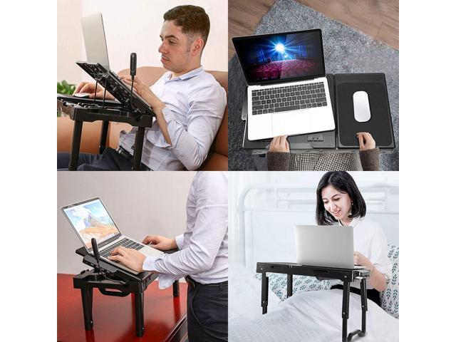 Laptop Desk for Bed, Adjustable Table with Fan, Portable Lap Desk, Foldable Legs, Stand for Couch Sofa, Tray with LED Light, 4 USB Ports, Storage,...