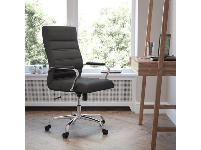 Flash Furniture Whitney High-Back Swivel LeatherSoft Desk Chair with Padded Seat and Armrests, Adjustable Height Padded Office Chair, Black/Chrome