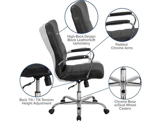 Flash Furniture Whitney High-Back Swivel LeatherSoft Desk Chair with Padded Seat and Armrests, Adjustable Height Padded Office Chair, Black/Chrome