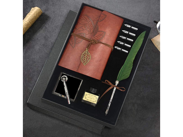 GCCL Quill Pen and Ink Set, Antique Feather Dip Calligraphy Pen Set, including Feather Pen, 5 Replacement Nibs, Pen Nib Base, Notebook, Ink, Gift...