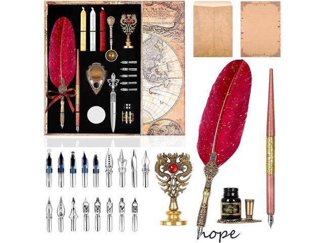 Quill Pen and Ink Set, Includes Feather Pen, Wooden Dip Pen, 17 Replacement Nibs, Pen Base, 3 Wax Seal Sticks, Stamp, White Wax, Spoon, Envelope...