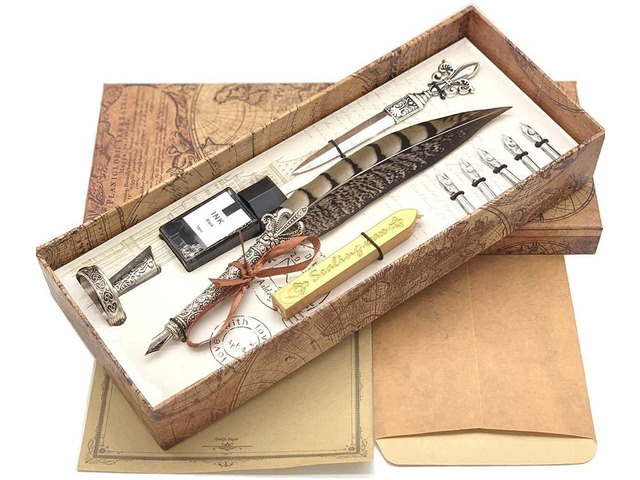 Antique Two-Color Feather Pen Quill Pen Dip Pen With Envelope Writing Paper Calligraphy Pen and Ink Set(pheasant)