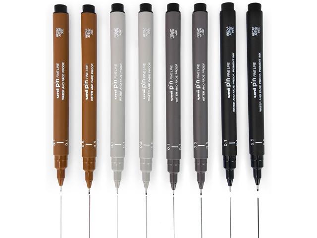 Uni Pin Fineliner Drawing Pen - Sketching Set of 8-0.1mm / 0.5mm - Black, Dark Gray, Light Gray, and Sepia