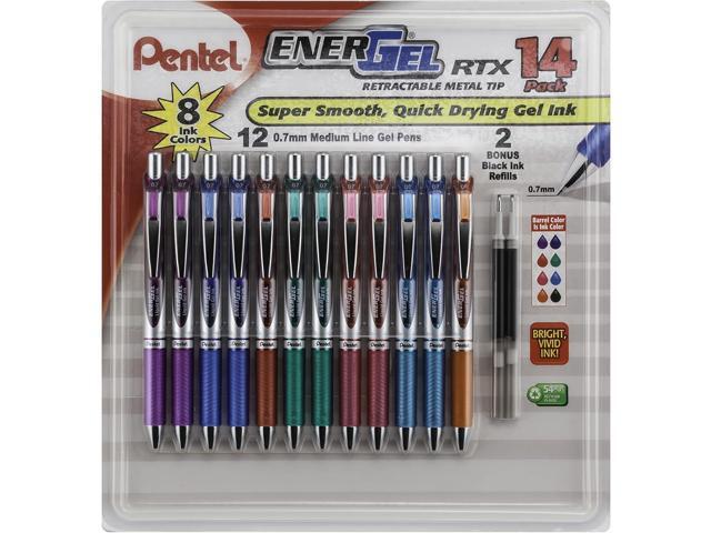 Pentel EnerGel RTX Retractable Metal Tip Pen, 0.7mm, 12 Assorted Colors with 2 Refills (BL77F14C)