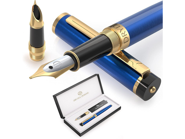Dryden Designs Fountain Pen - Medium Nib and Fine Nib Includes Luxury Box, 6 Ink Cartridges - 3 Black 3 Blue and Ink Refill Converter -...