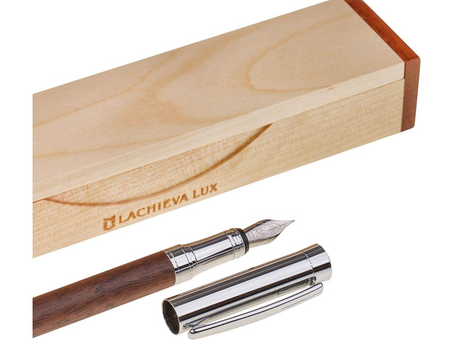 LACHIEVA LUX Walnut Fountain Pen, German Fine Nib, Smooth Ink Flow, Wooden Gift Box with Converter & 2 Cartridges, Fancy Pen for Men and Women