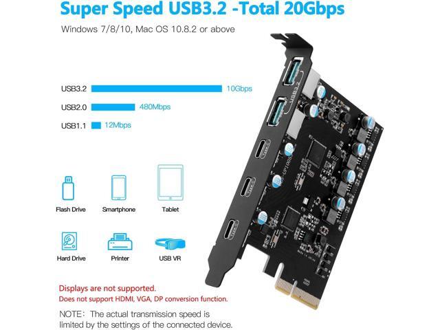 PCIe to USB 3.2 Gen 2 Adapter Card with 20 Gbps Bandwidth 5-Port (3X USB C -2X USB A) PCI Express Expansion Card Internal USB Hub PCI-E Add-on...
