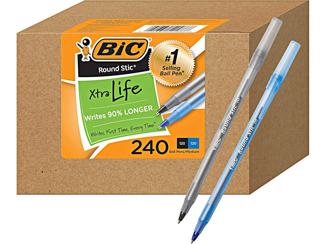 BIC PENS Bulk Pack of 240 Ink Pens, Round Stic Xtra Life Ballpoint, Medium point 1.0 mm, 120 Black & 120 Blue Combo Pack in Bulk