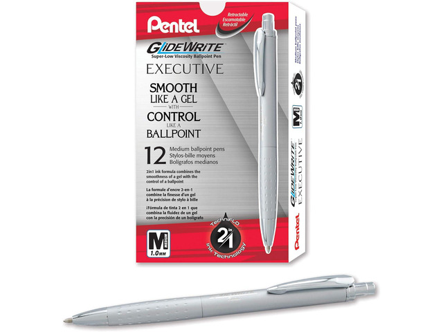 Pentel Glidewrite Executive Ballpoint Pen, (1.0mm) Medium Line, Silver Metal Barrel, Black Ink, Box of 12 (BX970Z-A)