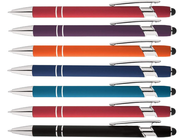 Express Pencils Rainbow Rubberized Soft Touch Ballpoint Pen with Stylus Tip a stylish, premium metal pen, black ink, medium point. Box of 7...