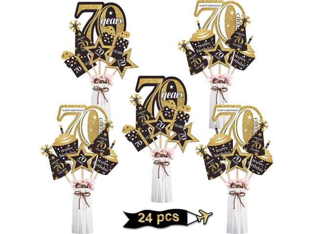 Blulu 70 Birthday Party Decorations Set Golden Birthday Centerpiece Sticks Glitter Table Toppers Party Supplies, 24 Pieces