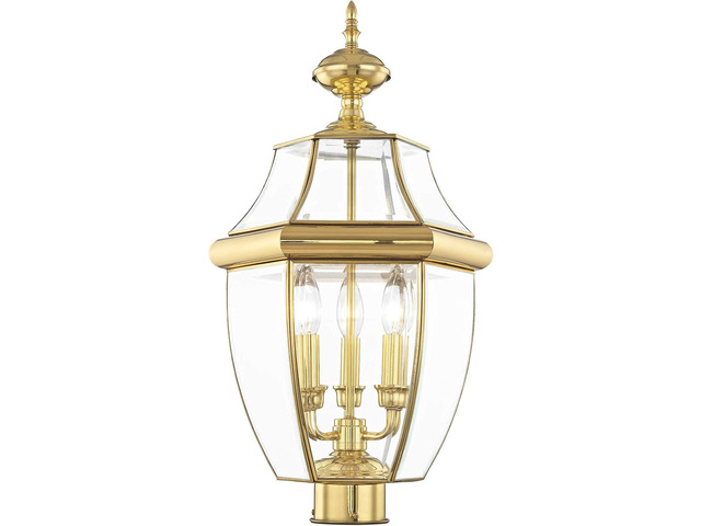 Livex Lighting Lantern 2354-02 Monterey 3 Light Outdoor Polished Brass Finish Solid Brass Post Head with Clear Beveled Glass, 17' x 9' x 11'