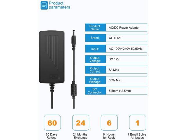 ALITOVE 12V Power Supply 5A 12 Volt DC 60W Power Adapter 100~240V AC to DC 12V Converter 5amps 4A 3A Low Voltage Transformer LED Driver with 5.5 x...
