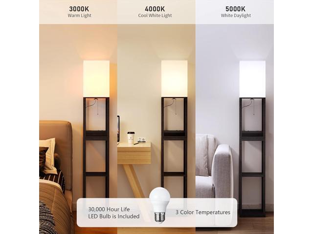 SUNMORY Floor Lamp with Shelves,Modern Dimmable Solid Wood Standing Lamp with 1 Drawer and 2 USB Ports & 2 Power Outlet,Corner Tall Bookshelf Lamp...