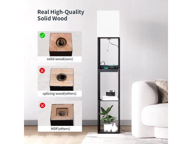 SUNMORY Floor Lamp with Shelves,Modern Dimmable Solid Wood Standing Lamp with 1 Drawer and 2 USB Ports & 2 Power Outlet,Corner Tall Bookshelf Lamp...