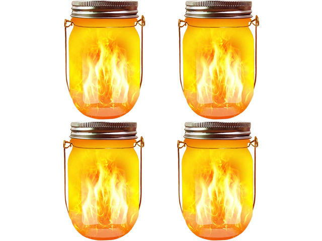 Solar Mason Jar Flicker Lights Upgraded, 4 Pack Flickering Torches Lights Outdoor Hanging Lanterns Landscape Decoration Lighting Dusk to Dawn Auto...