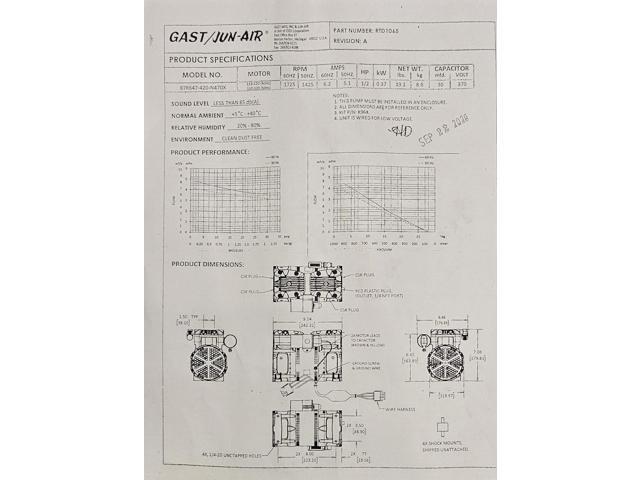 Gast 87R647 Oil Free Twin Cylinder Vacuum Pump 1/2HP 120/240V, 6.2A